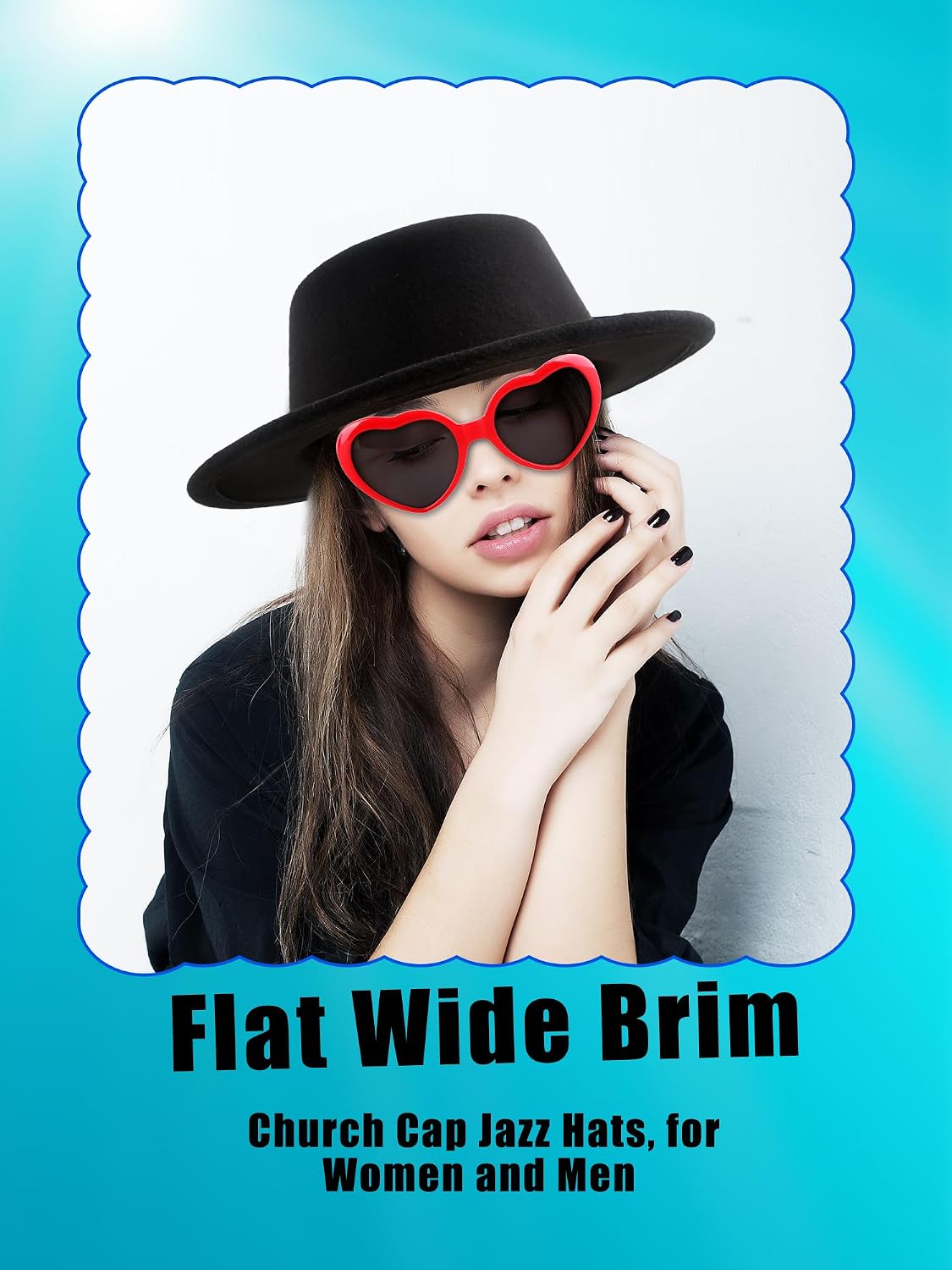 2 Pcs Black Fedora Flat Hats with 2 Pcs Heart Sunglasses Adjustable Wide Brim Flat Top fedora for Adult Party Costume Accessories