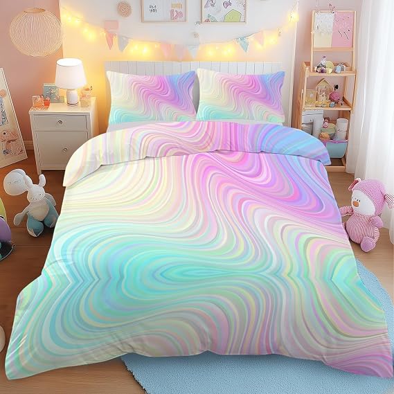 BlessLiving Ombre Single Duvet Cover Set, Pastel Rainbow Bedding 3-Piece