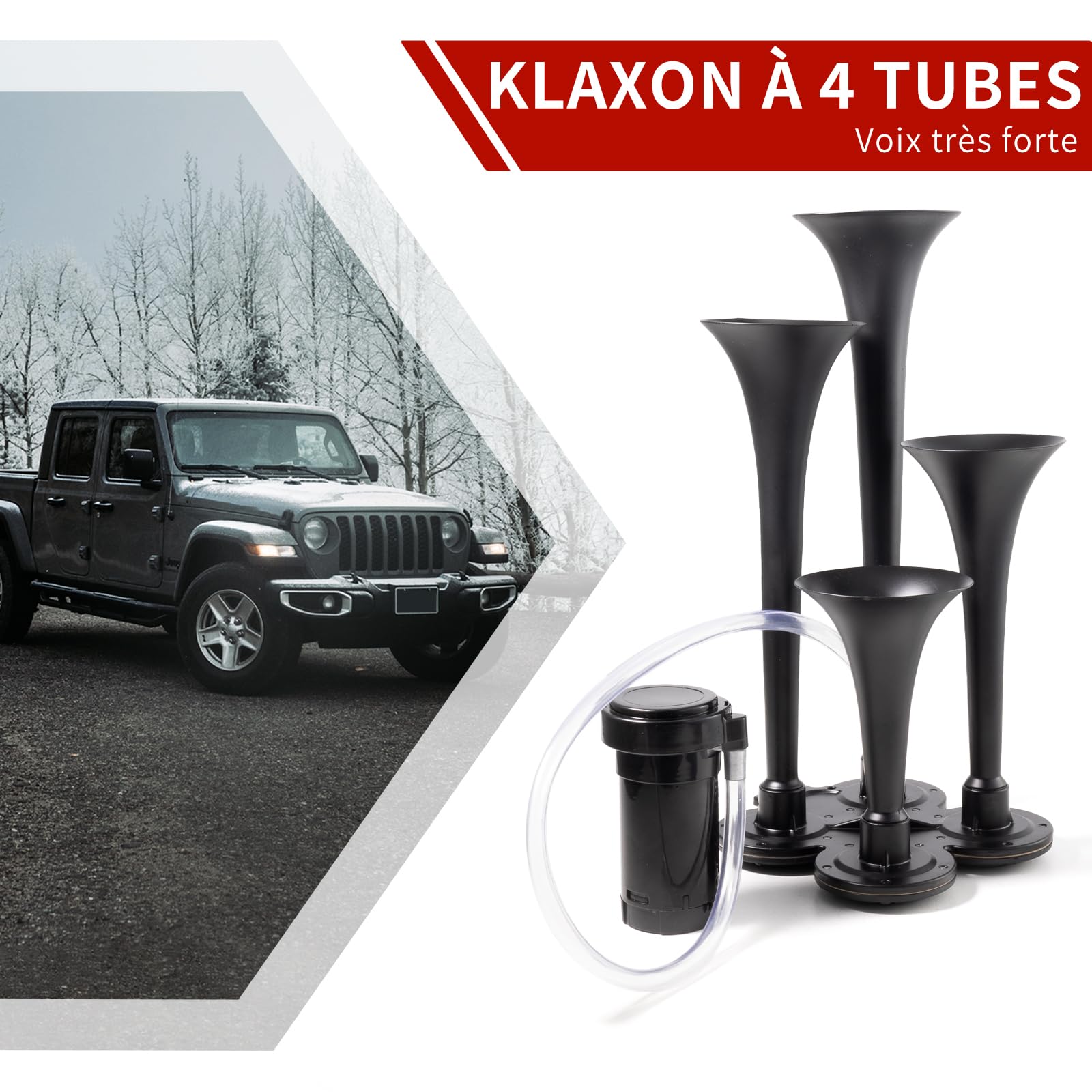 FARBIN Klaxon Camion 12V à 4 Trompettes Klaxon de Train avec Compresseur | Puissant 150dB,klaxons de voiture, universel pour camion pickup jeep SUV train voiture bateau