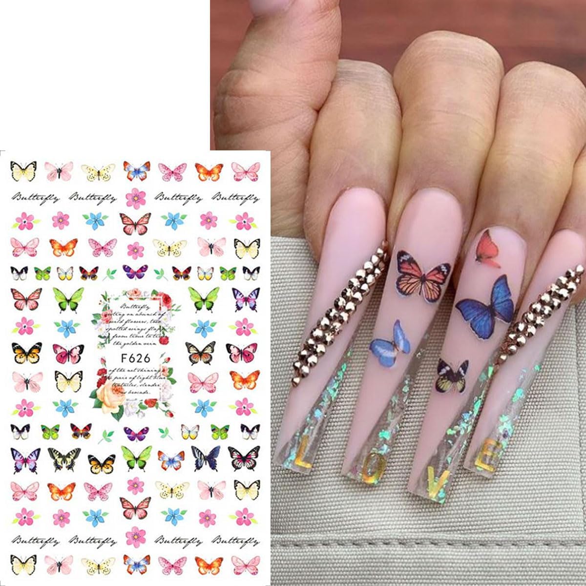 Butterfly Nail Art Stickers, Blue Purple Pink, 6 Sheets with Nail Tweezers, French Flower Butterfly Nail Charms Wing 3D Glitter Stickers for Nail Decoration