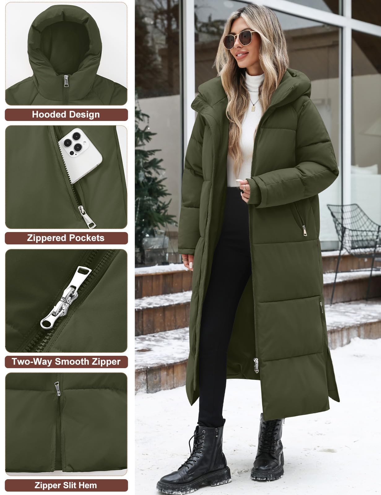 Vancavoo Abrigo Acolchado Mujer Invierno Chaqueta con Capucha | Parka Cálida con Cremallera de Doble Cursor, Aberturas Laterales con Zip y Bolsillos Laterales