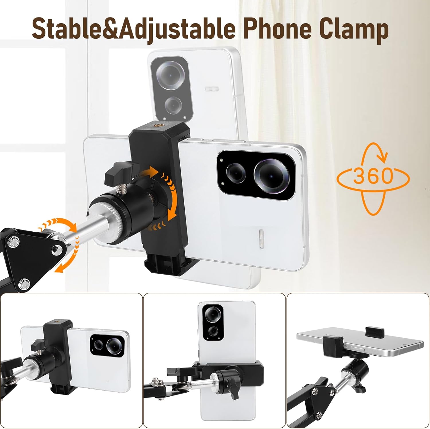 Overhead Camera Mount with 6‘’ Ring Light, Desk Tripod, Flexible 360° Adjustable Articulating Phone Arm Stand Compatible for, Video Recording, TikTok, Live Stream