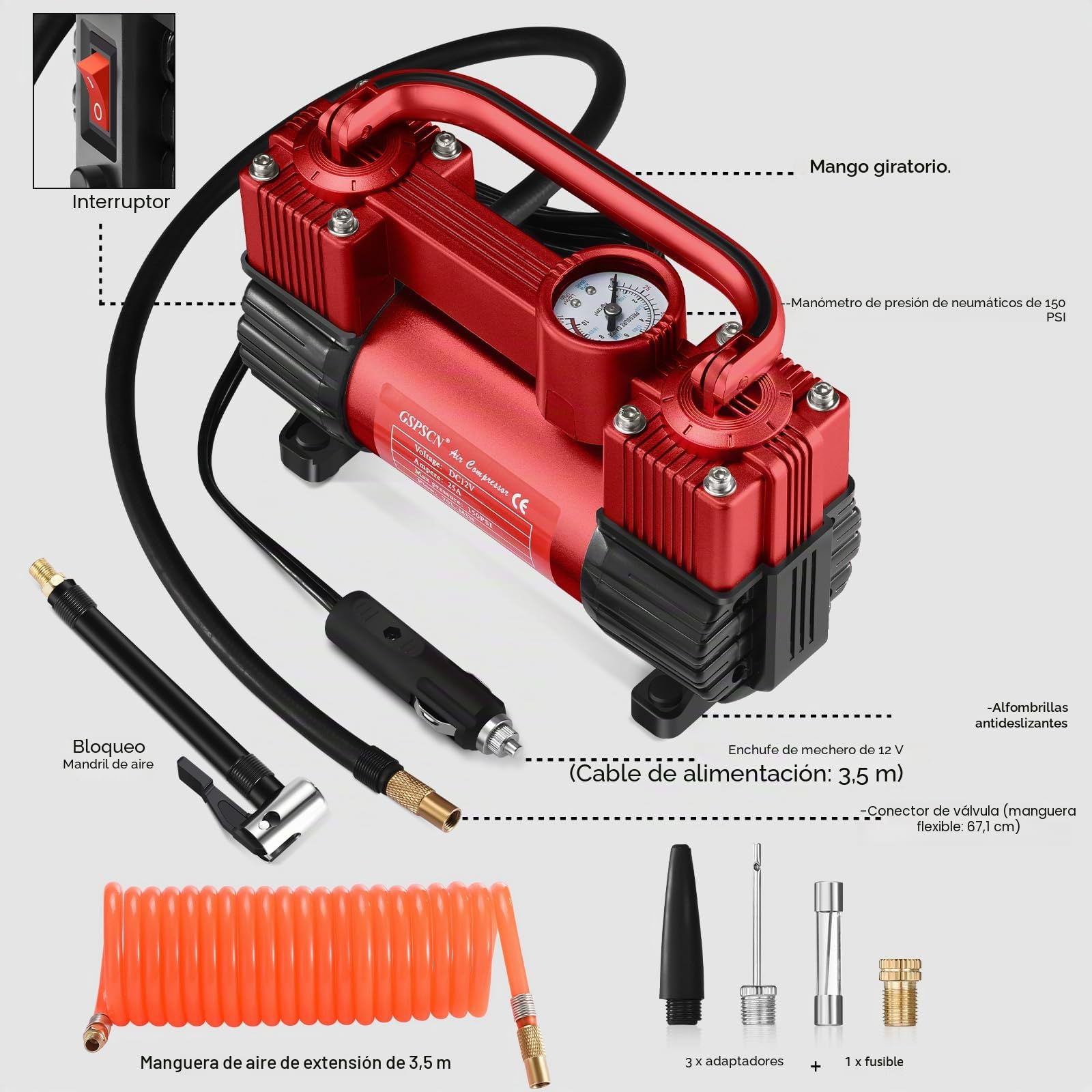 GSPSCN compresor de aire portátil de metal DC 12V，Hinchador Ruedas Coche de neumáticos rojo de doble cilindro de servicio pesado, Inflador Ruedas Coche, Bomba Eléctrico 150PSI con Luz LED
