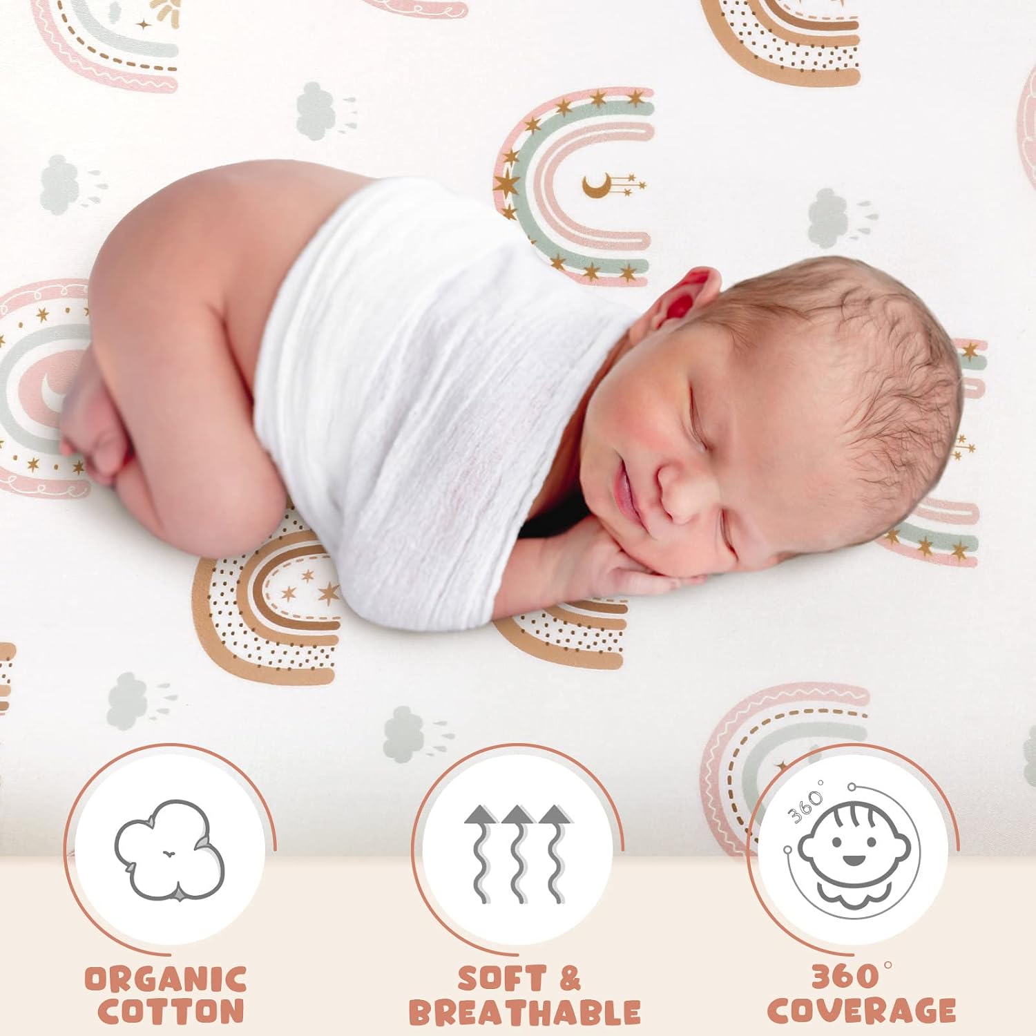 4 Pcs Baby Bassinet Sheets Soft Fitted for Baby Boys Girls Soft Cotton Boho Rainbow Bassinet Sheet Cover Safe Comfort for Standard Rectangular Mattress Cradle