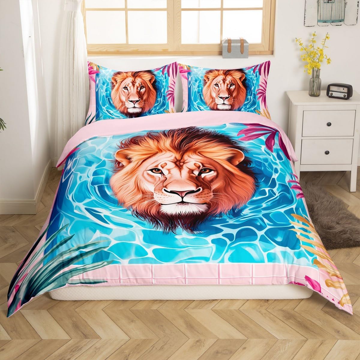 Lion Duvet Cover Toddler Size,Tropical Safari Animals Comforter Cover with 1 Pillowcase,Swimming Pool Wildlife Bedding Set 2pcs for Kids Bedroom Decor,Rustic Palm Leaves Quilt Cover,Not Comforter