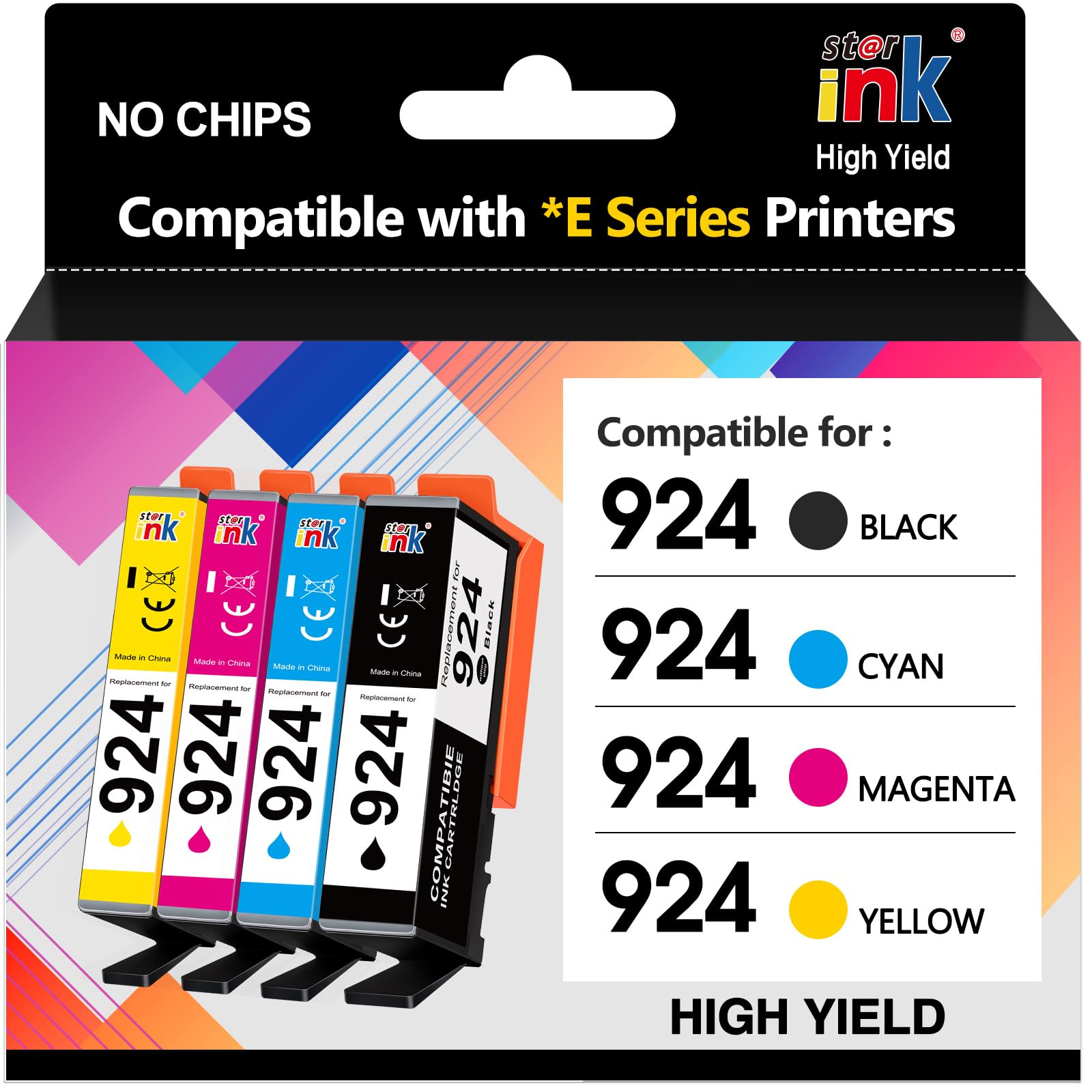 Starink 924 - Cartucce d'inchiostro Compatibili con HP 924 924e per Cartucce HP OfficeJet 8120e 8122e 8124e 8125e pour OfficeJet Pro 8130e 8132e 8134e 8138e 8139e, Confezione da 4 Pezzi, Senza Chip)