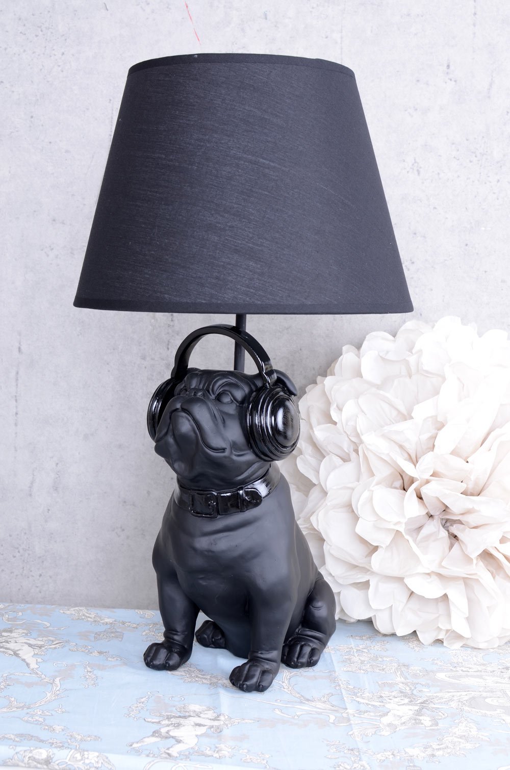 LAMPADA DA TAVOLO MOPS CON SOPRA L'ORECCHIO CUFFIE ELEGANTE Lampada NERO 54cm PALAZZO ESCLUSIVO