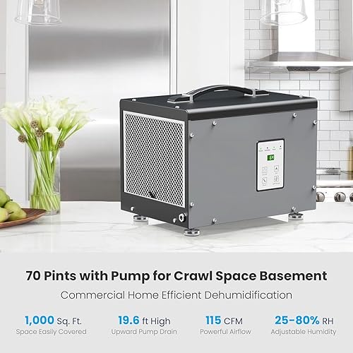 Miniatura 3 de Deshumidificador BaseAire Crawlspace con bomba, deshumidificadores compactos Energy Star para uso comercial y sótano con manguera de drenaje, 70