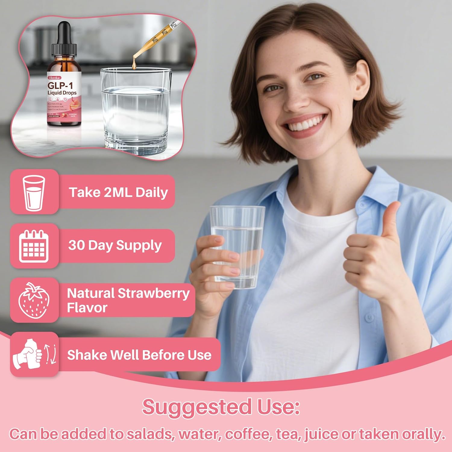 GLP-1 Supplement, GLP-1 Support Liquid Drops with Berberine, Chromium, Ceylon Cinnamon, Green Tea & Hops Flower Extract, GLP-1 Supplement for Gut & Metabolism Health, Vegan, Strawberry Flavor, 4 Fl Oz