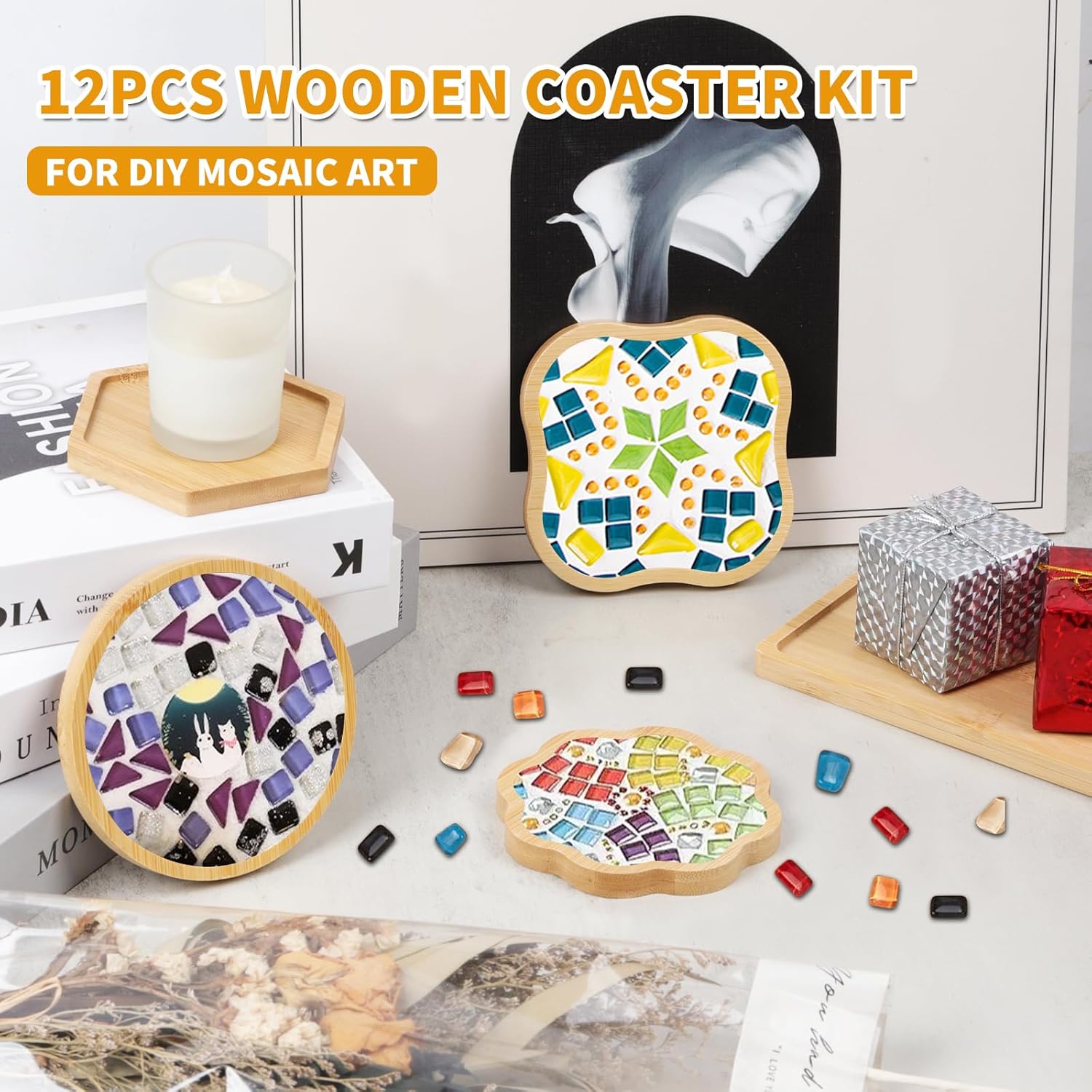 BOZAMBA 12 pcs Wooden Mosaic Bases, Assorted Shapes DIY Blank Base Trays Drinking Cup Coaster Wood Surface for Handmade Glass Tile Crafts & Mosaic Art Supplies