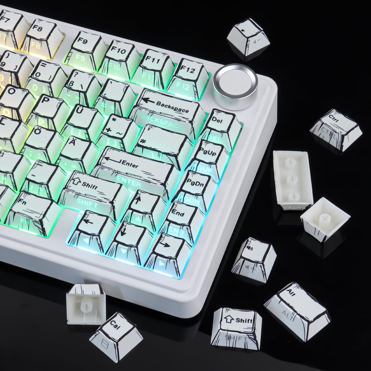 PBT German Keycaps, 128 Keys Manga White Keycap, Retro Style Side Printed Shine Through Dye Sub Keycap for Cherry MX Switch ISO QWERTZ Layout Meccanical Keyboards