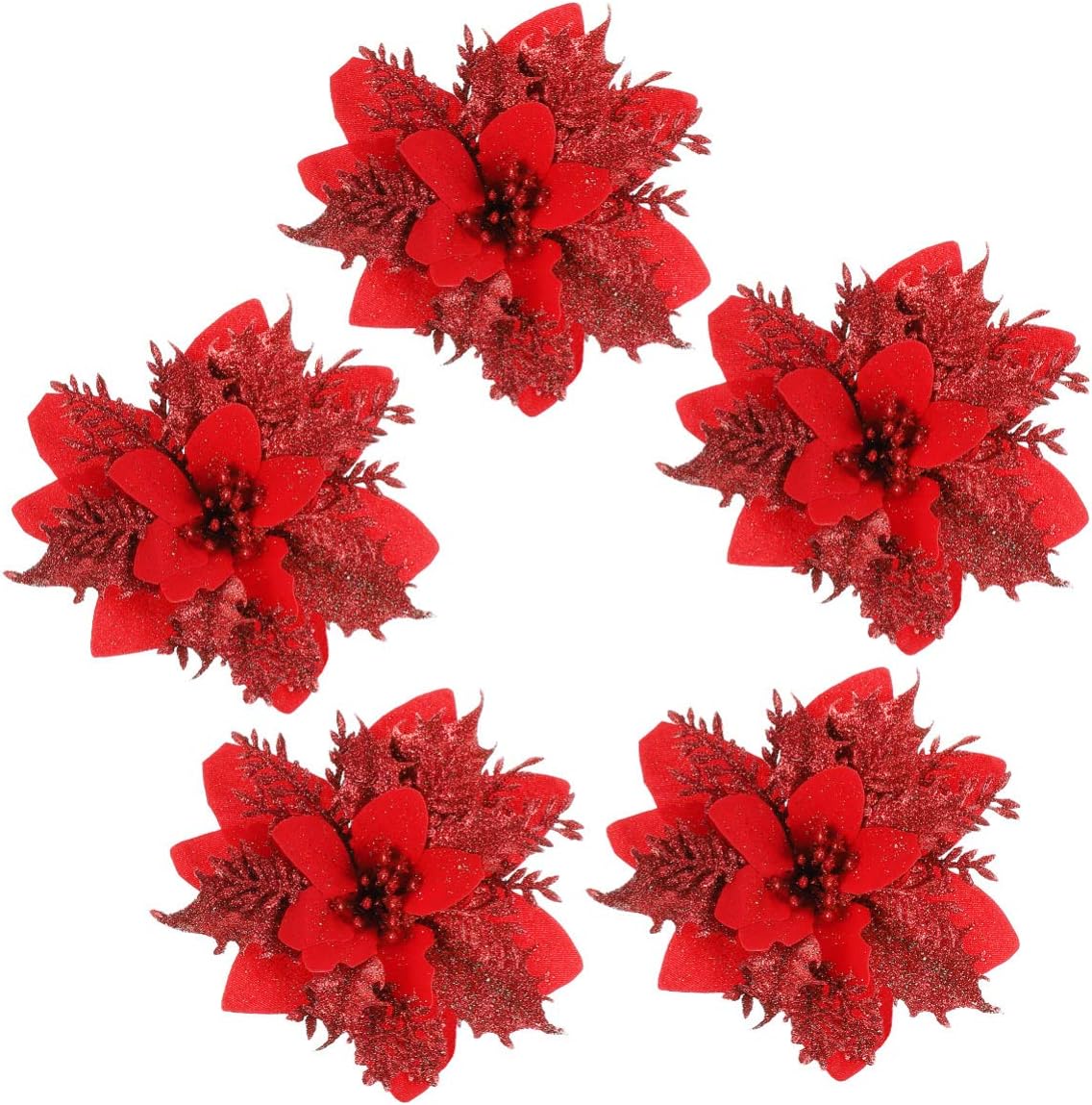 NUOBESTY 24 Pieces Christmas Glitter Poinsettia Flowers Christmas Tree Ornaments Artificial Flowers for Xmas Wreath Decoraiton (Red)