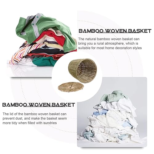 Miniatura 2 de PRETYZOOM Contenedor de basura de mimbre grande con tapa de cubierta, papelera tejida de granja, contenedor de papel para residuos para oficina en