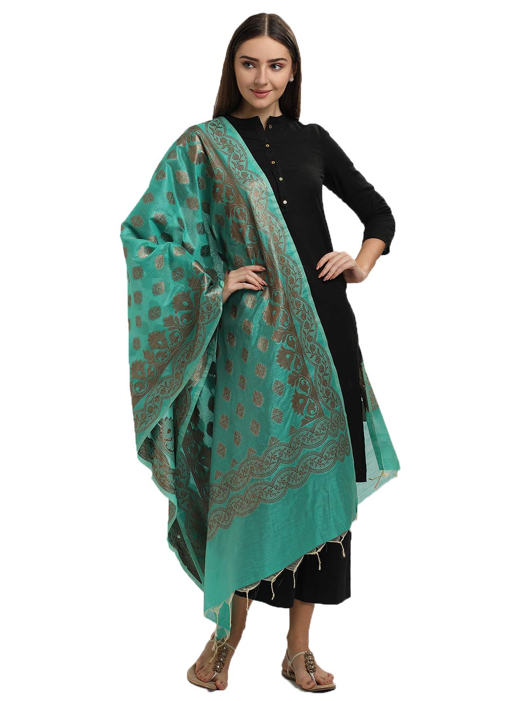 Morrio Green with Bronze Butti Woven Latest Cotton Art Silk Dupatta For Women