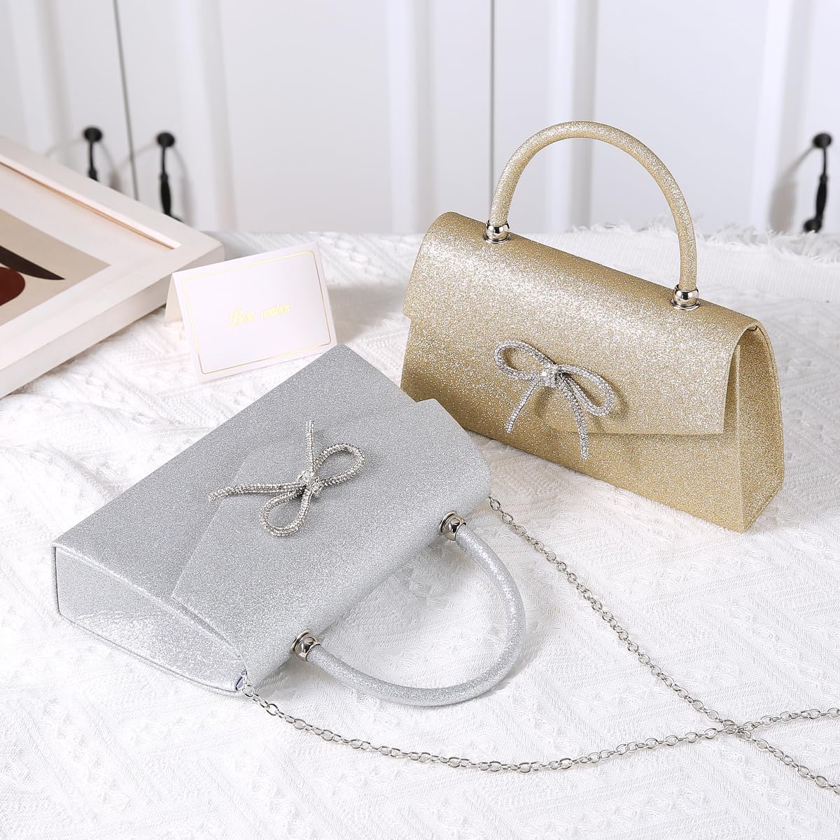 Dreubea Women's Tote Fashion Bowknot Rhinestone Evening Bag Beautiful Shiny Clutch Handbag - Image 5