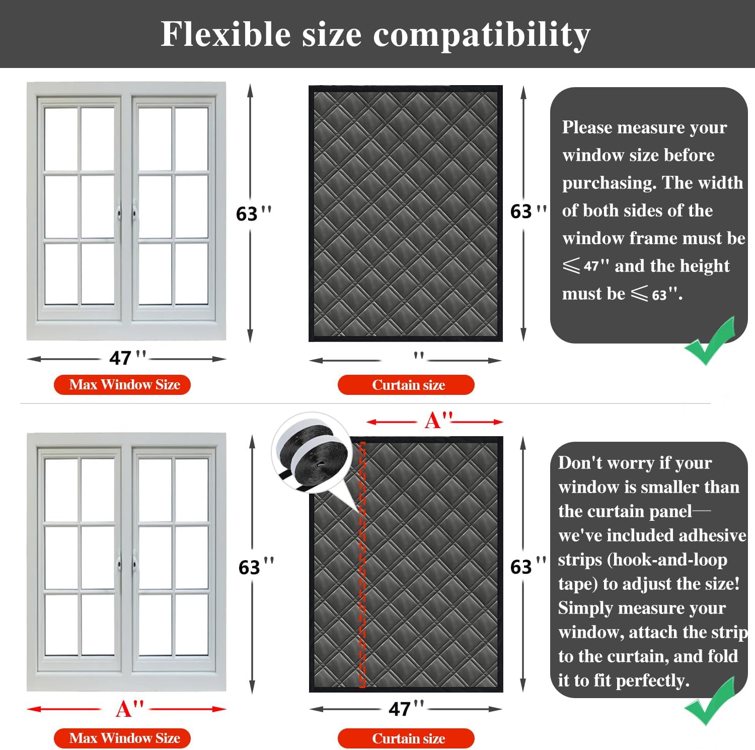 Window Draft Dlocker Insulation Cover for Winter Adjust Height or Width Max 47x63 fit Most Indoor Windows 3 Layers Aluminum Foil/Cotton/Fleece Thermal Reflective Window Film Velcro Install
