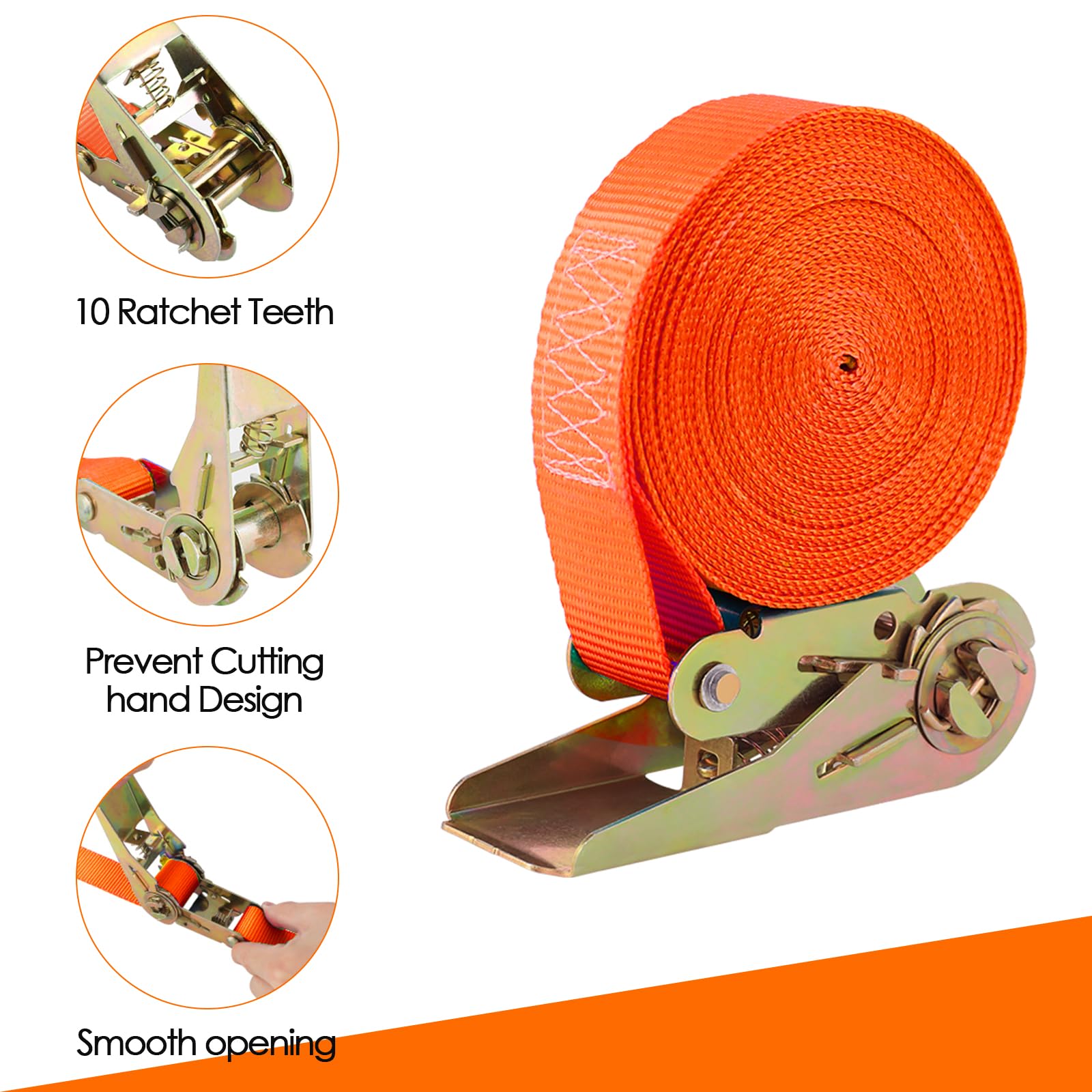 Pasek zapadkowy, 10 szt., 800 kg, pasek z napinaczem, poliester, 6 m x 25 mm, do motocykla, ładunku, przyczepy, ciężarówki, bagażu (pomarańczowy)