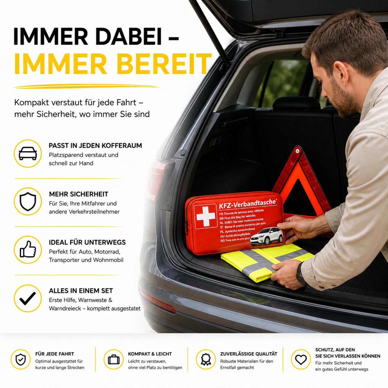 Kit de reparación de averías 3 en 1 para coche con accesorios: botiquín de primeros auxilios, chaleco de seguridad y triángulo de advertencia StVO