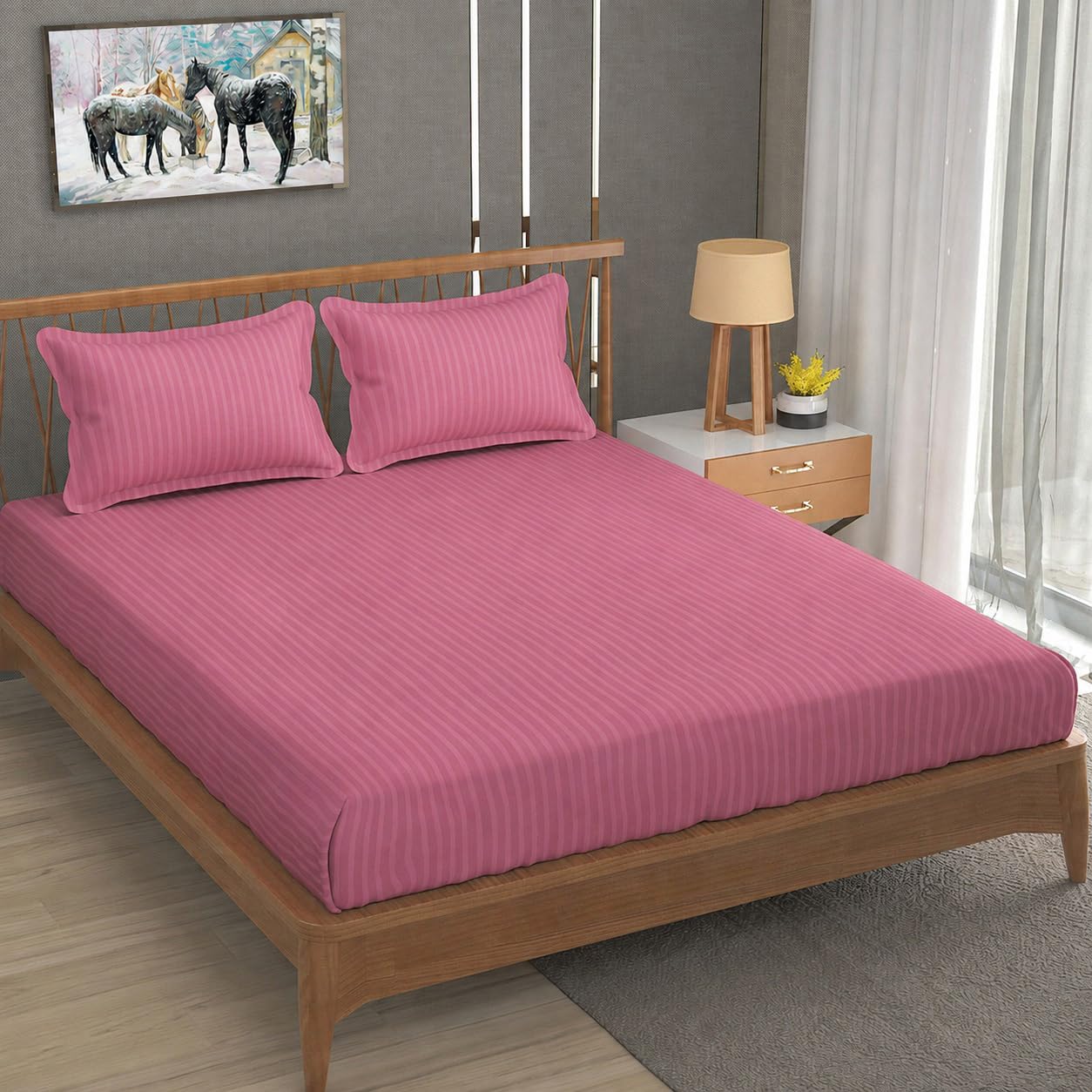 Homefab India 160 TC Stripe Cotton Feel Glace Cotton Elastic Fitted King Size Double Bed Bedsheet with 2 Pillow Covers Fits Upto 6 inches Mattress, Size-72X78 inches, Pink