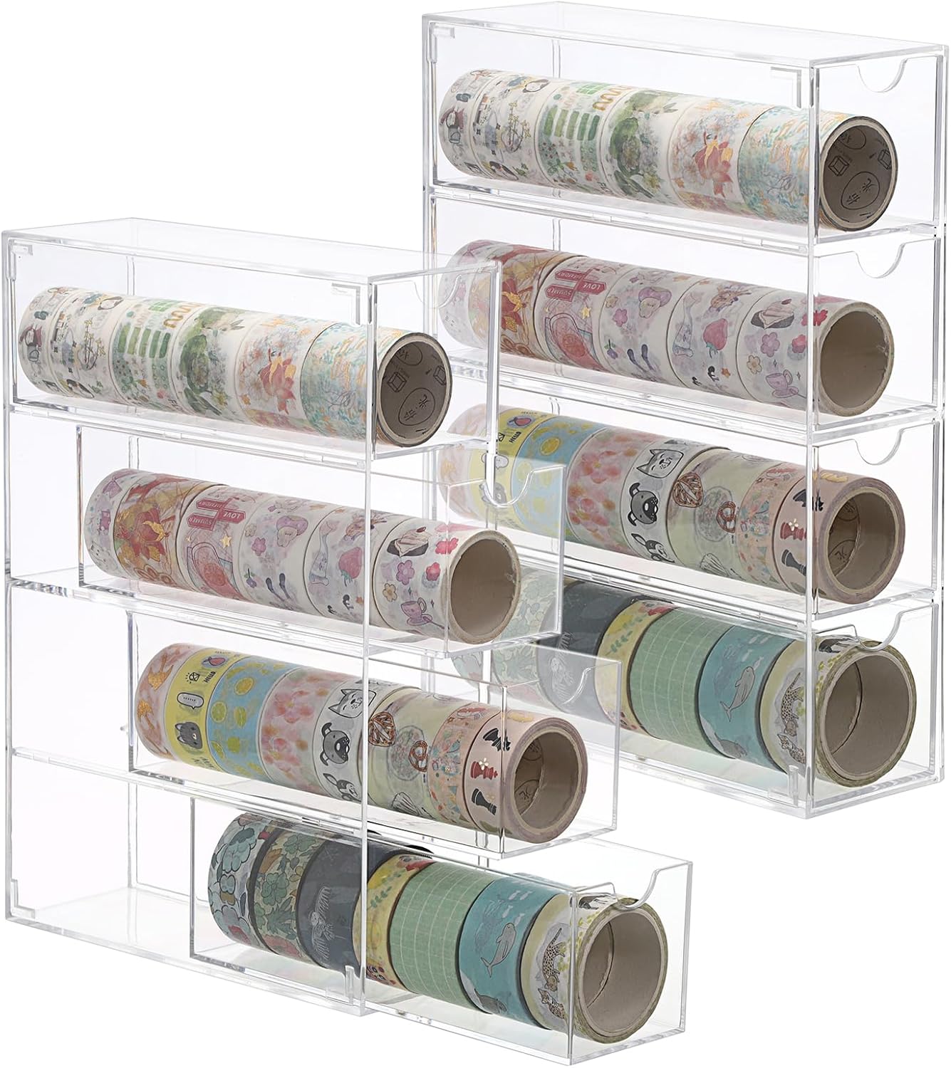 Acrylic Washi Tape Organizer, Clear Washi Tape Storage Holder with 4 Sliding Drawers, Desk Accessories Display Caddy Craft Box, Washi Tape Dispenser for Scrapbooking Art Craft Supplies, 2 Pack