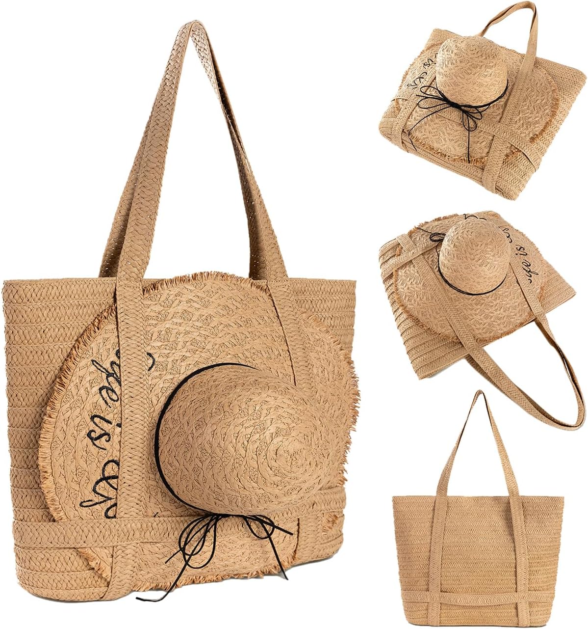 SKYK Straw Beach Tote Bag for Women-Summer Beach Handbag with Hat Holder and Sun Hat-Large Travel Tote Bags with Zipper