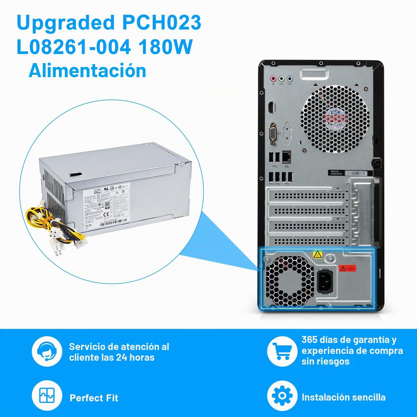S-Union Fuente de alimentación mejorada L08261-004 PCH023 de 180 W compatible con HP ProDesk G5 Pavilion 590-p0XXX 590-P0097CB PCG003 HK280-85PP L70042-004 L08261-006 Entl11 8 SFF LL Fuente de