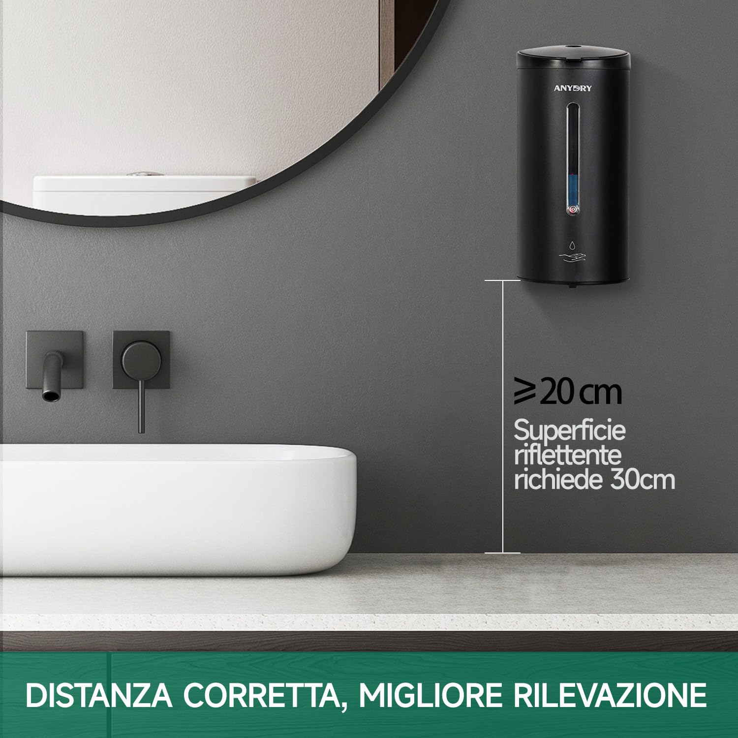 anydry Dispenser automatico a parete per sapone liquido anydry 750ml (uso commerciale) – Rivestimenti anticorrosione, Modello 1205E （Nero Opaco）