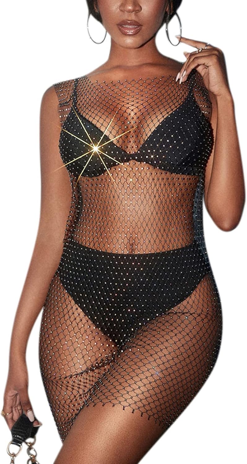 Women’s Sparkly Rhinestone Bikini Dress Sexy Sheer Mesh Sleeveless Swimsuit Cover Up Swimwear for Beach Pool Clubwear - Image 2