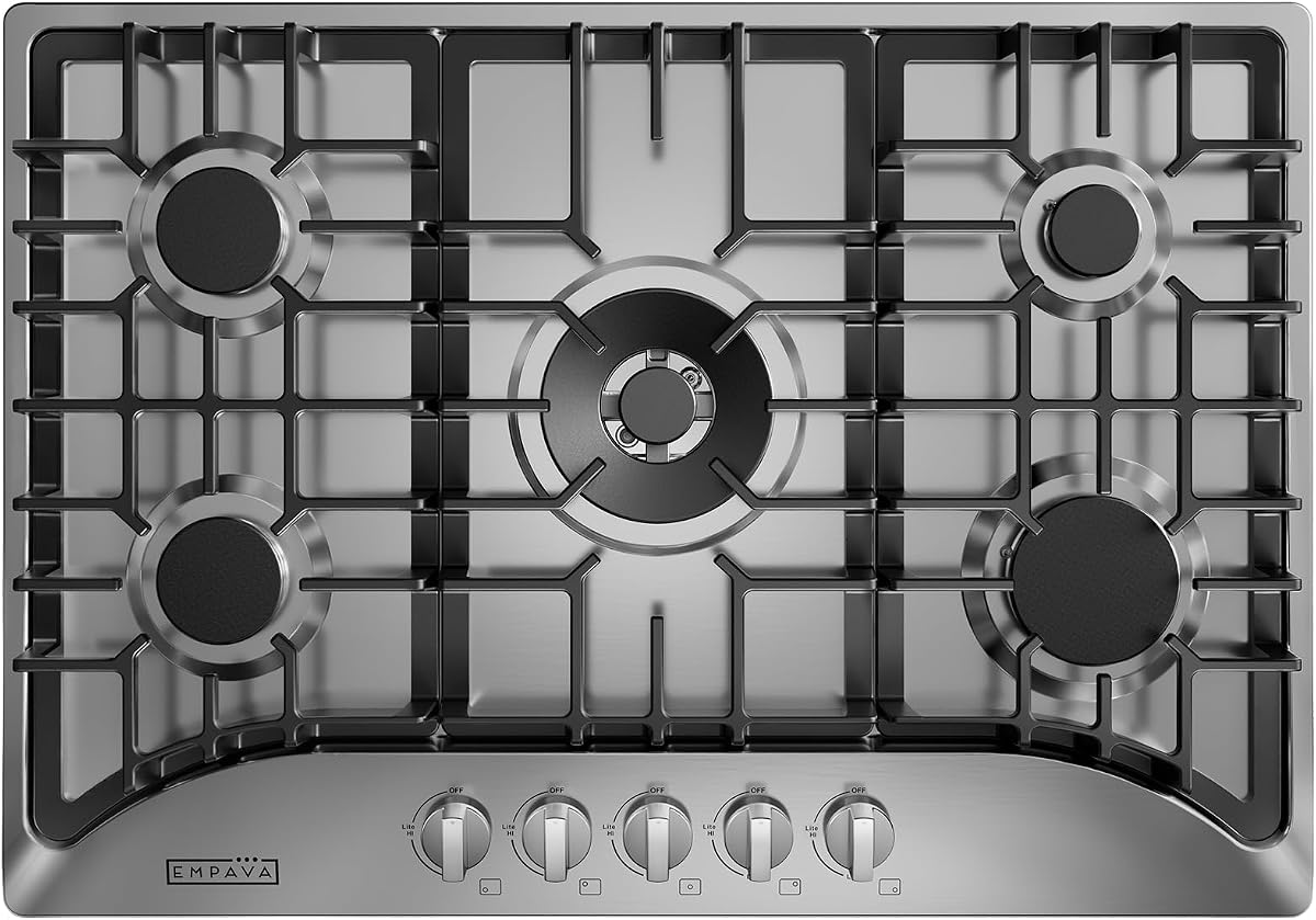 Empava 30" Gas Stove Cooktop with 5 Italy Sabaf Sealed Burners NG/LPG Convertible in Stainless Steel, 30 Inch
