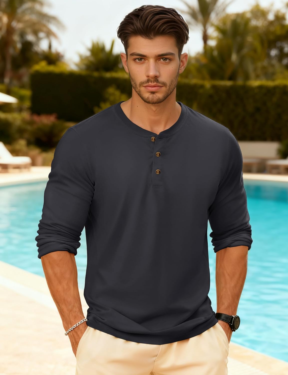 MAGNIVIT Men's Long Sleeve Henley Shirts Cotton 3-Button Spring Casual T-Shirts Solid Color Soft Basic Tops 2026 - Image 3