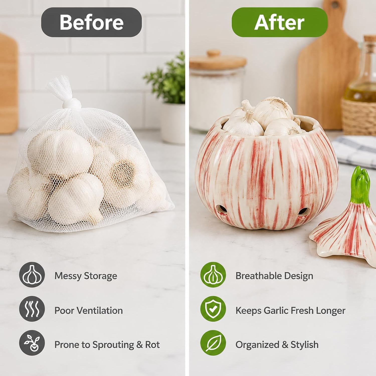 5.35" Large Ceramic Garlic Keeper with Lid, Unique Garlic Shape Container