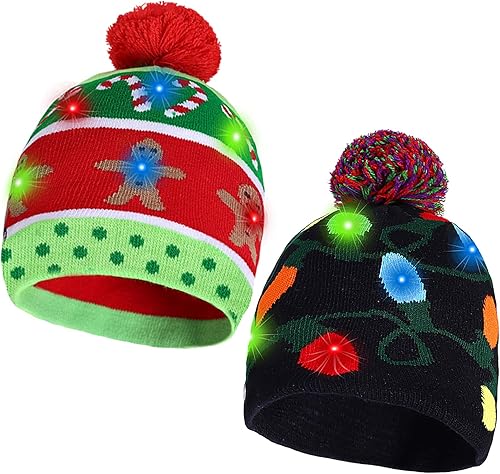 Paquete de 2 gorros de punto con luces LED navideñas que se iluminan, coloridos intermitentes, suministros para fiestas navideñas (talla única para