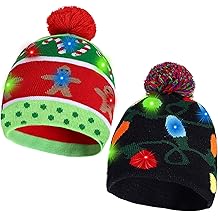2 Pack Christmas LED Light-up Knitted Beanie Hat Colorful Flashing Holiday Xmas Christmas Party Supplies(One Size Fits More)