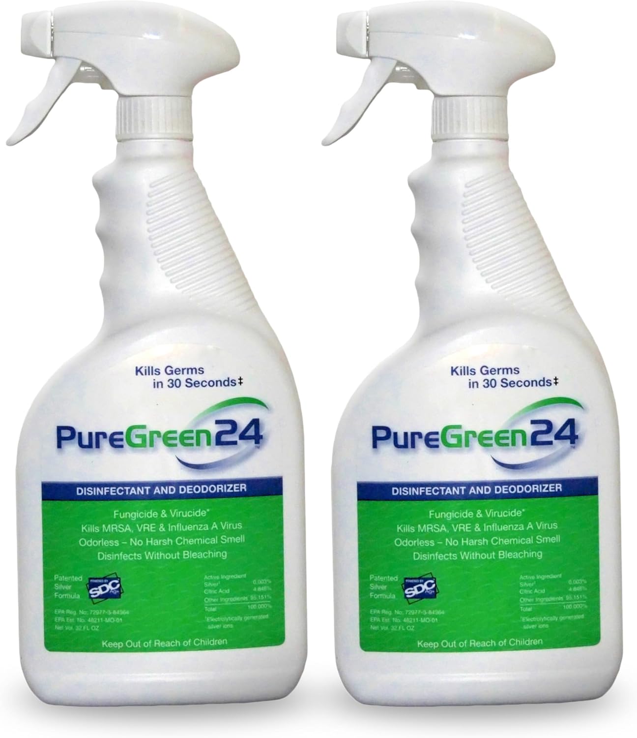 PureGreen24 Safe & Effective Disinfectant. Kills Deadly Germs including RSV COVID-19 Norovirus MRSA Staph 2026 flu Bird flu Contains no toxic chemicals odorless child & pet safe 2 32oz spray bottles