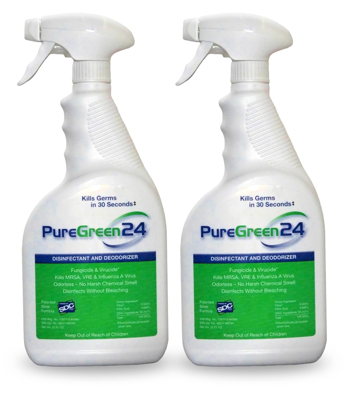 PureGreen24 Safe Effective Disinfectant Kills Deadly Germs including RSV COVID-19 Norovirus MRSA Staph 2026 flu Bird flu Contains