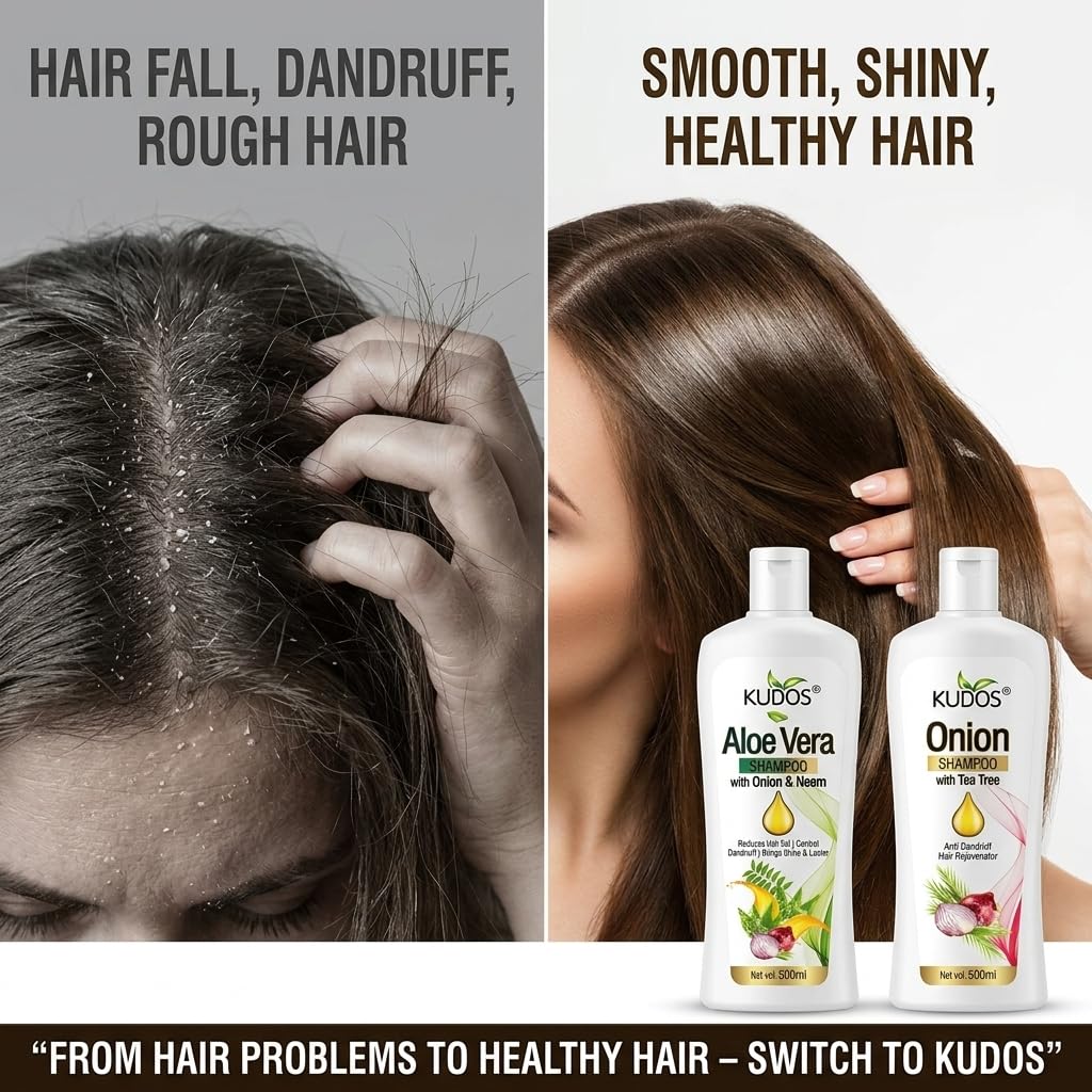 Kudos Ayurveda Aloe Vera Shampoo with Onion & Neem + Onion Shampoo with Tea Tree | Hair Nourishing & Strengthening Combo | Gentle Cleansing for Healthy Looking Hair | 500ml Each (Pack of 2) 1