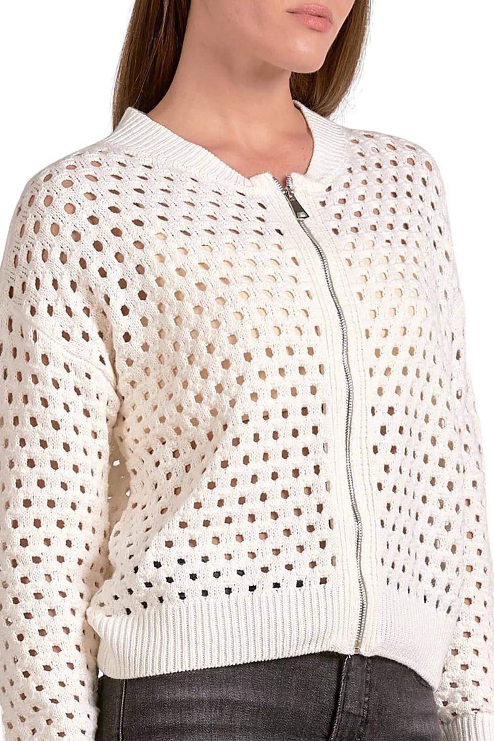 ELAN Women's Long Sleeve Crochet Zip-Up Cardigan Sweater (Medium, White) - Image 2