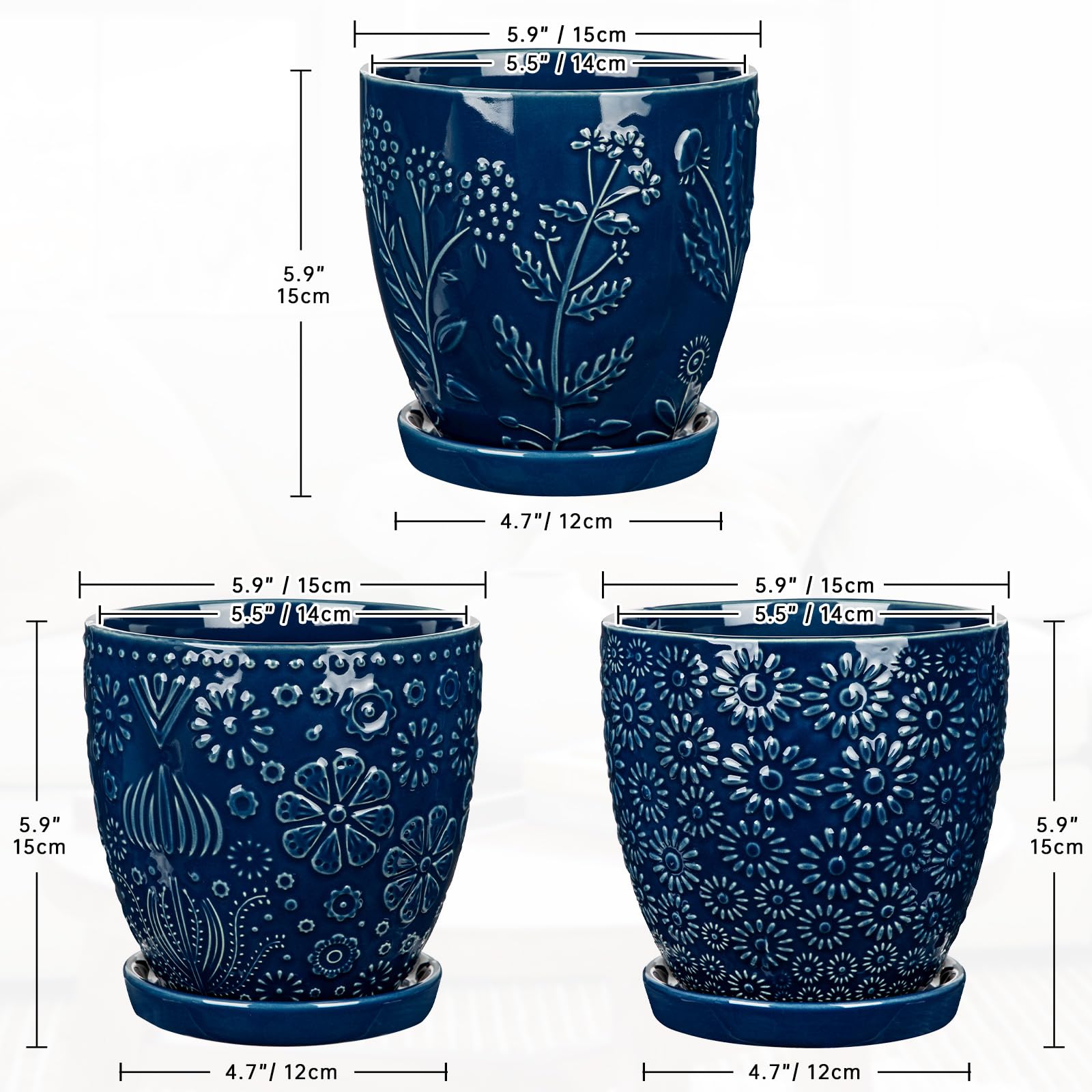 Oairse 3er-Set Keramik Blumentopfe mit Abflussloch und Untersetzer, 15 cm