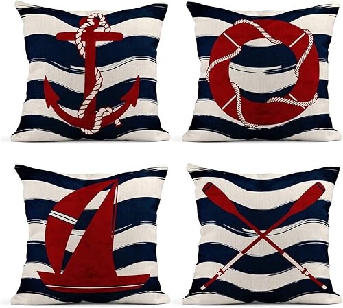 Juego de 4 fundas de almohada de lino para verano, temática náutica costera, ancla roja, velero, brújula, ondas, fundas de almohada decorativas para