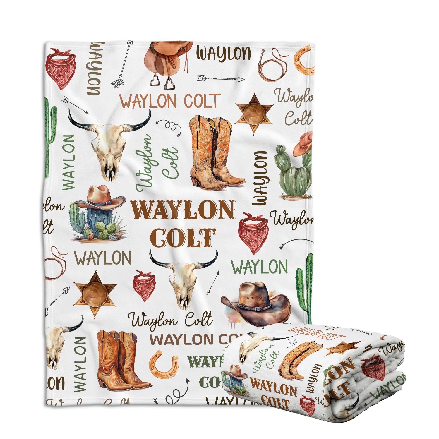 Personalized Farm Cowboy Blanket For Kids - Custom Name Baby Blanket With Wild West Cactus Pattern