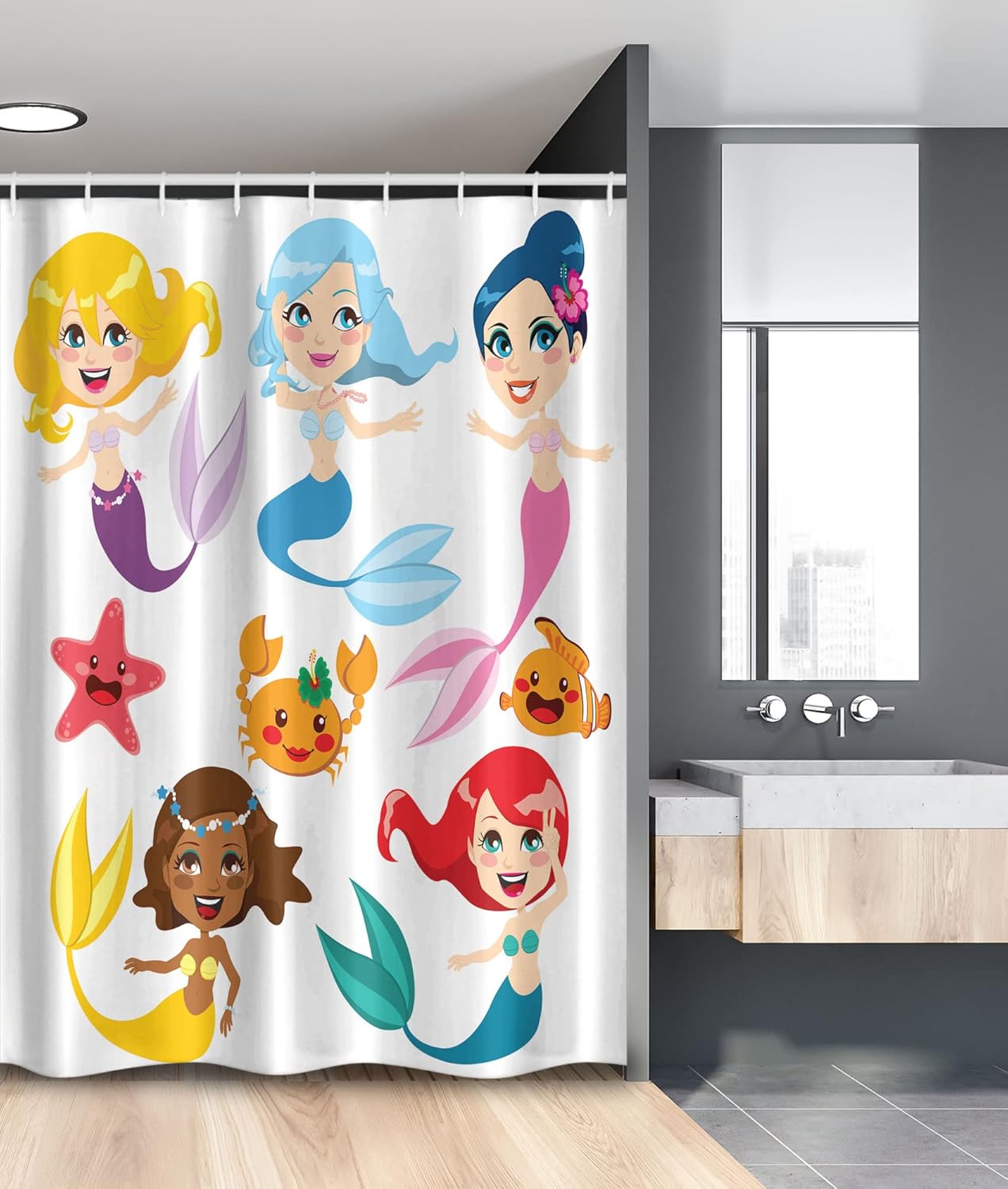 Ambesonne Underwater Stall Shower Curtain, Illustration of Colorful Mermaids and Sea Friends Cheering Joyful, Fabric Bathroom Decor Set with Hooks, 54" W x 78" L, White Eggshell Soft Blue