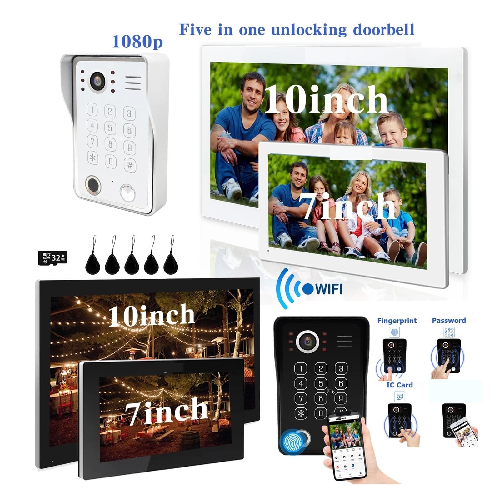 Domowy System Wideo Z Czytnikiem Linii Papilarnych 5 W 1, Odblokowaniem Wideodomofonu, Inteligentnym Monitorem Wi-Fi 1080P, Kamerą Dotykową I Dzwonkiem Instalacja W Mgnieniu Oka(218WS 7INCH)