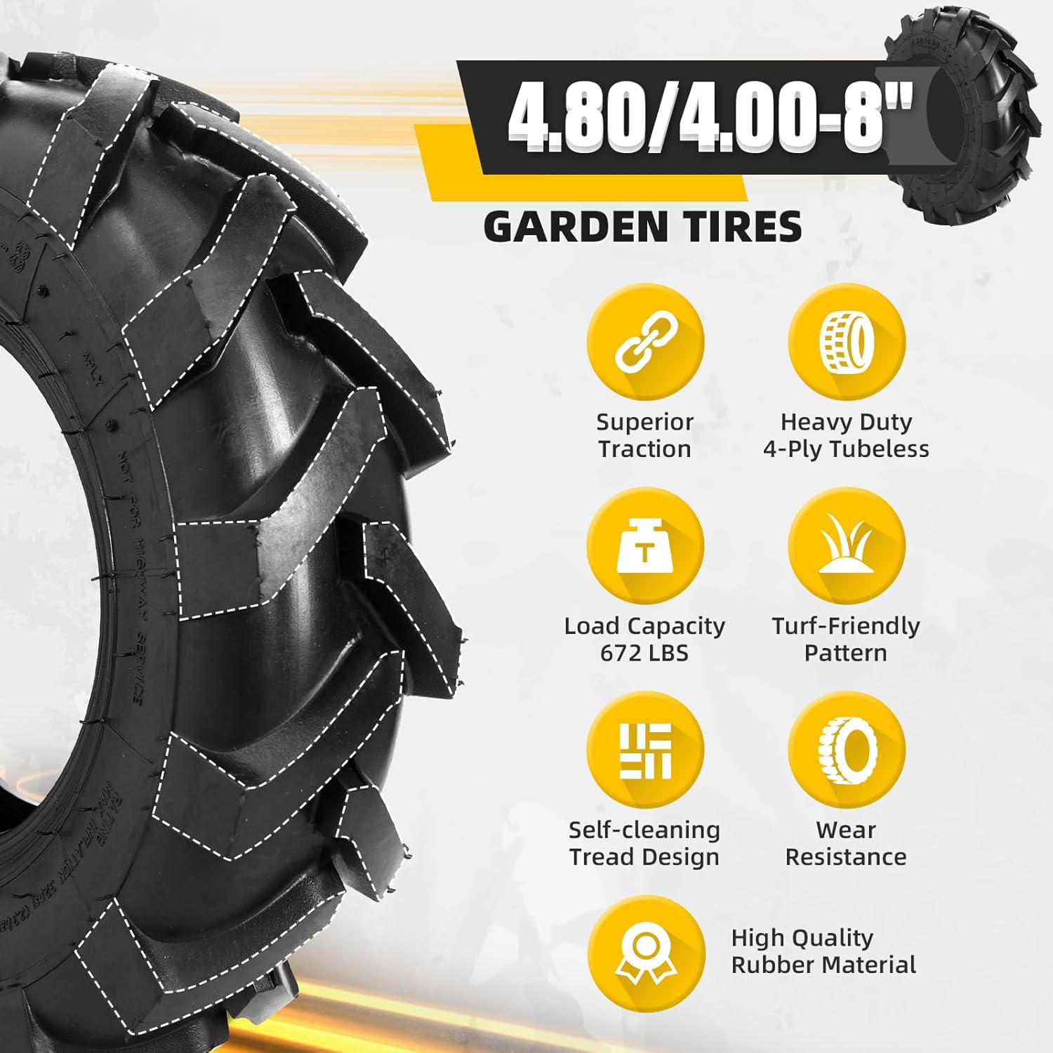 MZREXN 2 Pcs 4.80/4.00-8 Tires, 4.80x4.00-8" Tubeless Turf Garden Ridings Lawn Mower, 4PR 4.80-8 4.00-8 Tire Replacement for Garden Trailer Tractor Tiller Golf Cart ATV Garden Cart Wheels