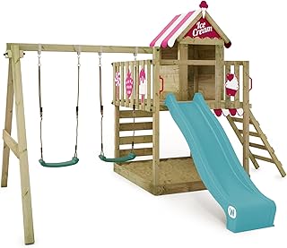 WICKEY Parque Infantil Smart Candy con Columpio, toldo Rosa y tobogán Turquesa, Torre de Escalada Infantil de Exterior con arenero, Escalera y Accesorios de Juego para el jardín