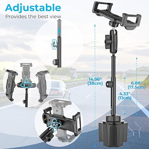 Miniatura 2 de Soporte para tablet de automóvil, altura ajustable, brazo largo de metal, rotación de 360, soporte de tableta para camión golf, funda de grosor de