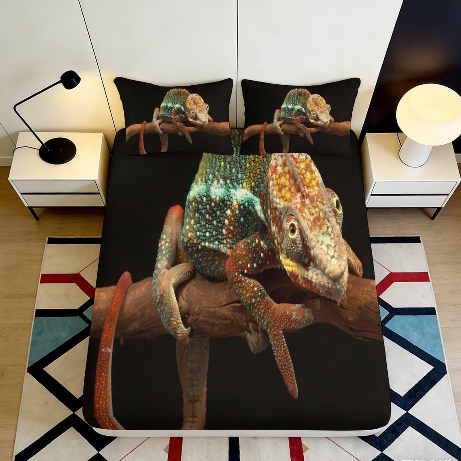3D Printed Chameleon Animal Fitted Sheet Microfiber Soft Breathable Lizard Reptile Mattress Cover for Bedroom Dorm Decor 90x200x25cm