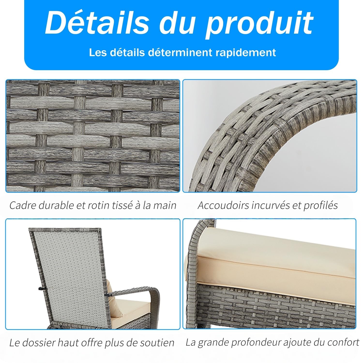 YODOLLA Ensemble de 2 Fauteuils de Jardin Exterieur Adirondack en PE Rotin - Chaises de Jardin Confortables avec Coussins Détachables - Mobilier d'Extérieur pour Terrasse, Balcon et Piscine - Gris
