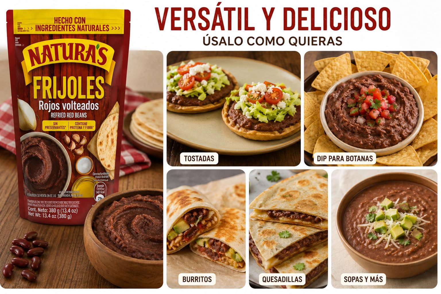 FRIJOLES ROJOS VOLTEADOS MOLIDOS - NATURAS - REFRIED RED BEANS - 380 GRAMOS