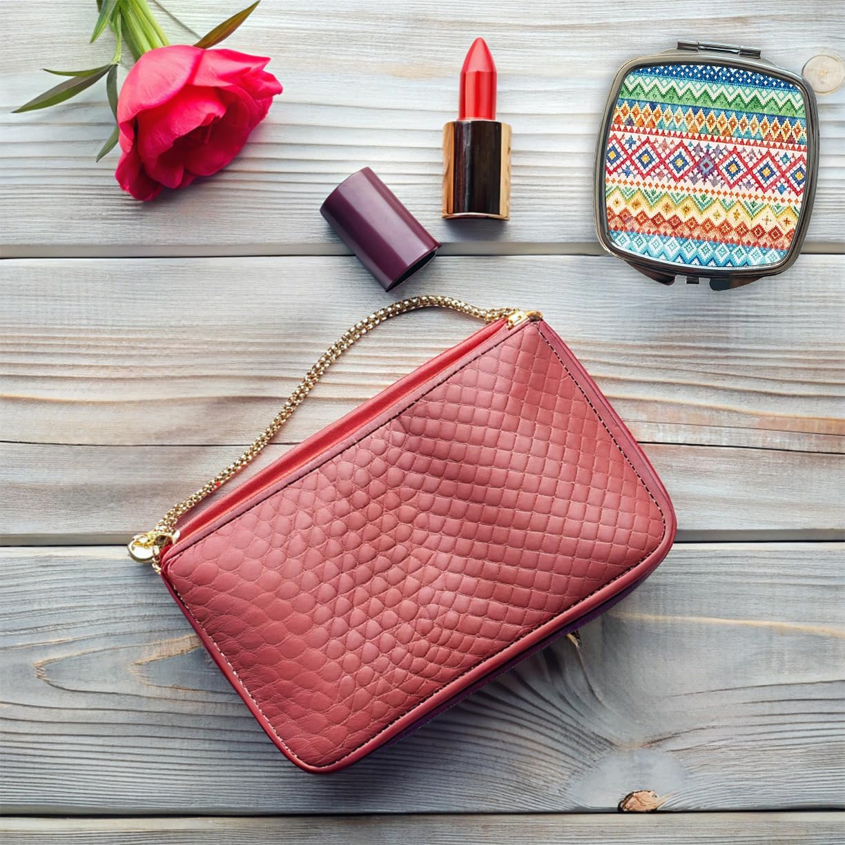Fair Isle Knitting Sweater Small Travel Purse Handbag Pocket Makeup Compact Mirror image 5