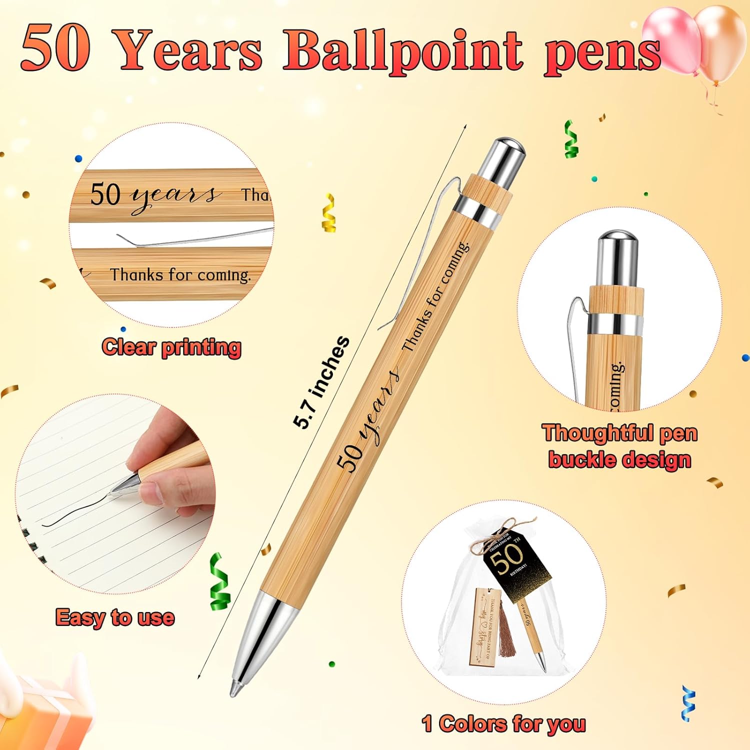 25 Sets Birthday Favors for Guests 25 Thanks for Coming Bamboo Pens 25 Wooden Bookmarks 25 Cards with Organza Bag for Adult Birthday Wedding Anniversary Party Souvenir(50th) - Image 2
